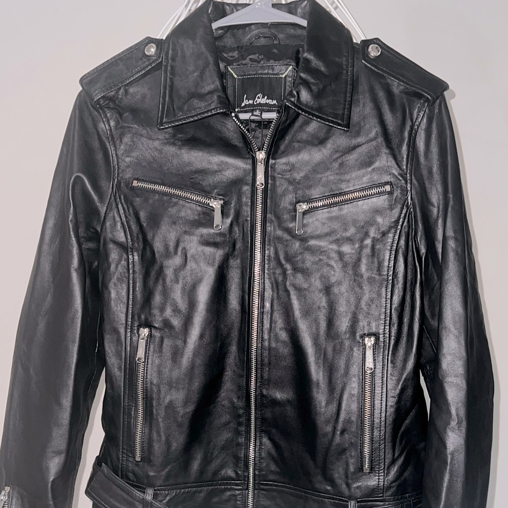 New 100% Lamb Leather Sam Edelman Belted Jacket with Zippered Sleeves.